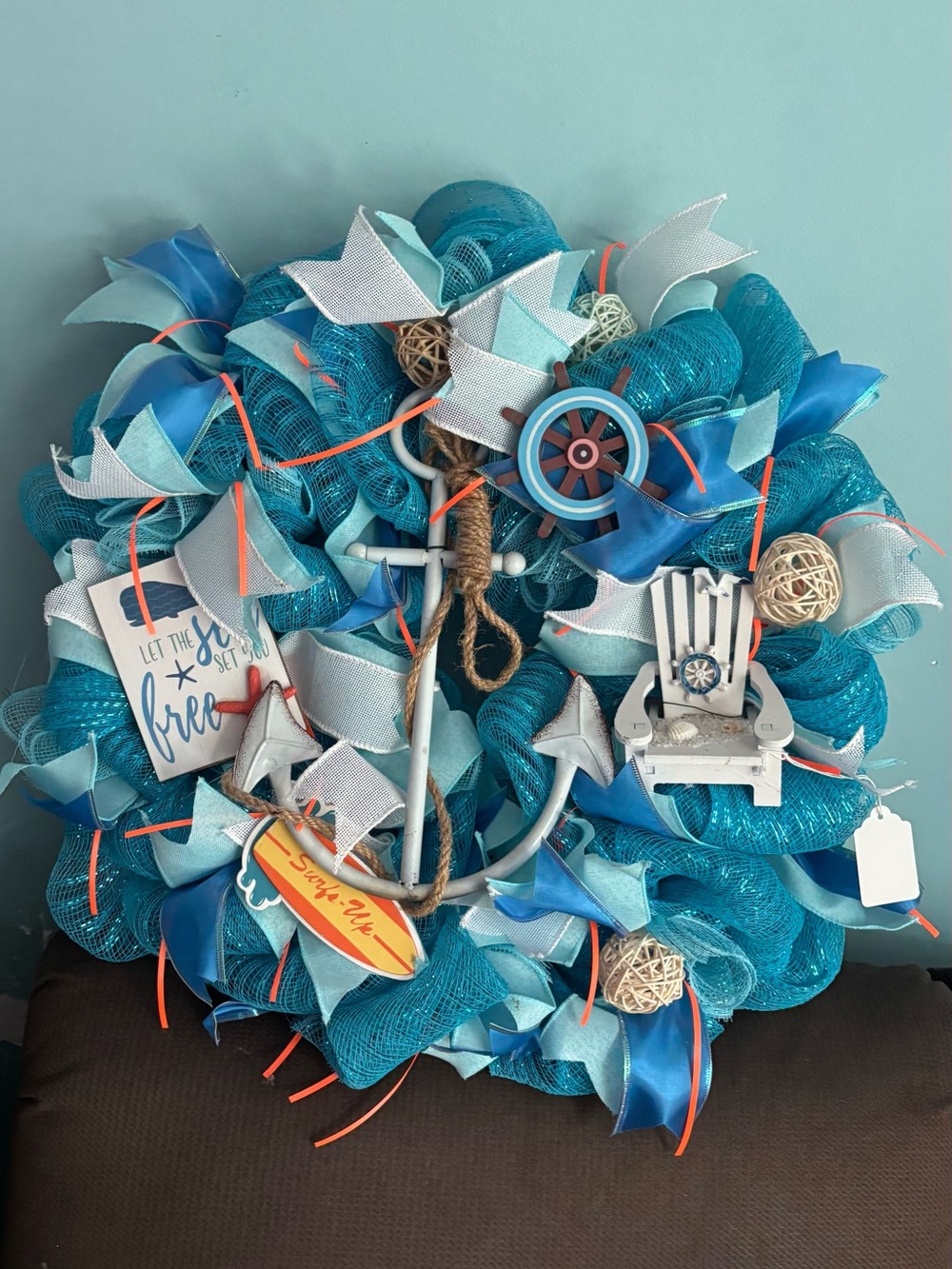 Beach Coastal Teal and White Wreath - Nautical Home Accent